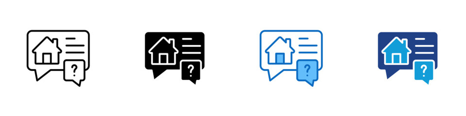Property Consultation Multiple Style Icon Design Vector - Speech bubble with house and question mark, representing real estate advice, customer support, or property discussion