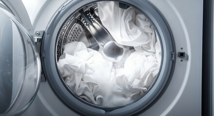 Front View of Washing Machine with White Laundry Inside in Modern Household Setting
