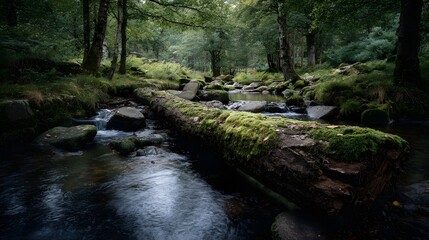 A fallen moss covered log forms a natural bridge over a flowing forest stream