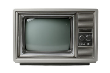 Vintage television, light gray plastic casing,  with a blank screen,  showing a muted greenish-gray tint.  Control knobs are visible