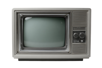 Vintage television, light gray plastic casing,  with a blank screen,  showing a muted greenish-gray tint.  Control knobs are visible