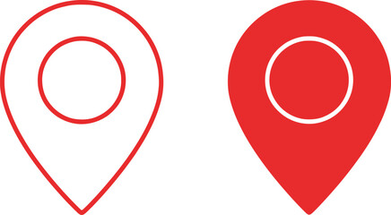 Two Red Map Pointer Icons, Red Outline and Filled Shapes on White Background