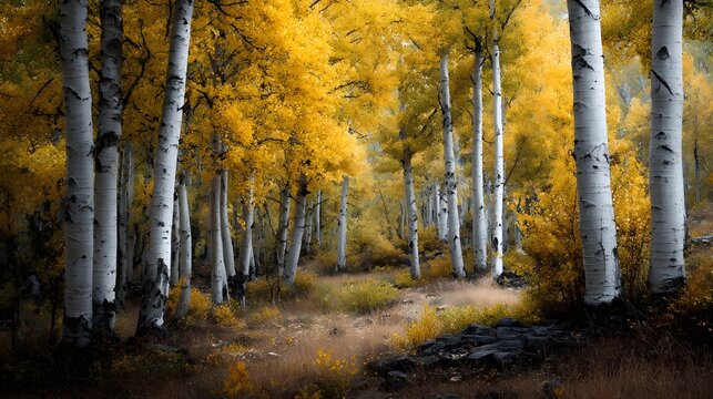 A path winds through a grove of aspen trees with white trunks and vibrant golden foliage during autumn