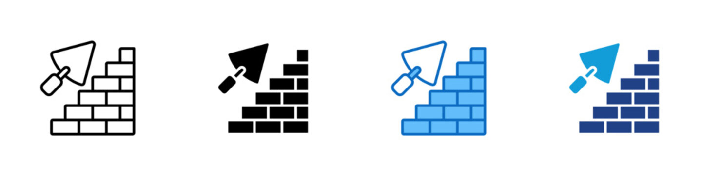 Brick Wall Multiple Style Icon Design Vector - Trowel with bricks, representing masonry, wall construction, or building process