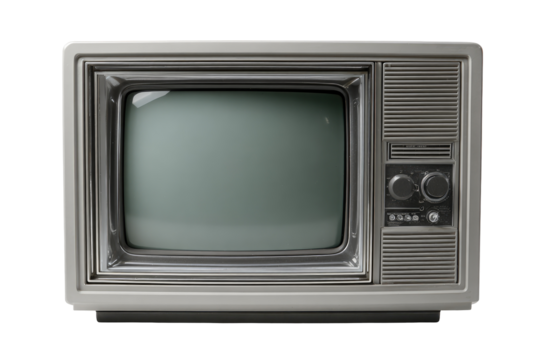 Vintage television, light gray plastic casing,  with a blank screen,  showing a muted greenish-gray tint.  Control knobs are visible