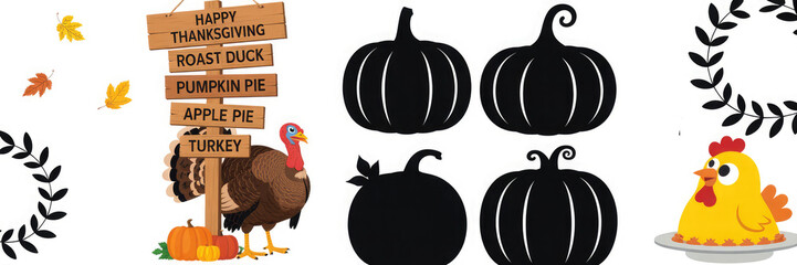 Thanksgiving themed clip art featuring pumpkins, turkey, and autumn leaves