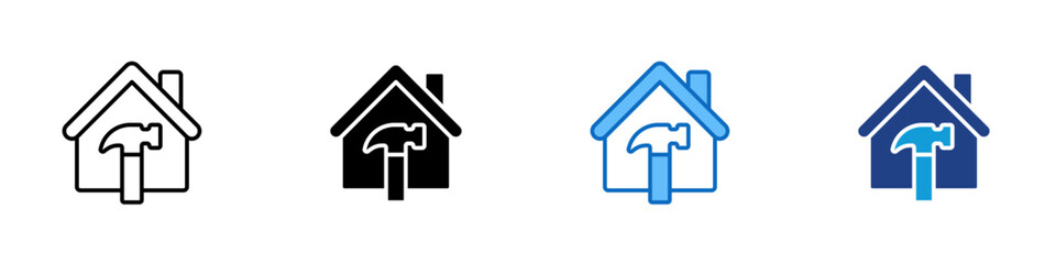 Home Construction Multiple Style Icon Design Vector - House with hammer, symbolizing home building, renovation, and carpentry activities