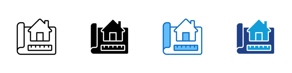 House Measurement Plan Multiple Style Icon Design Vector - Blueprint with house and ruler, representing home measurement, real estate planning, or construction layout