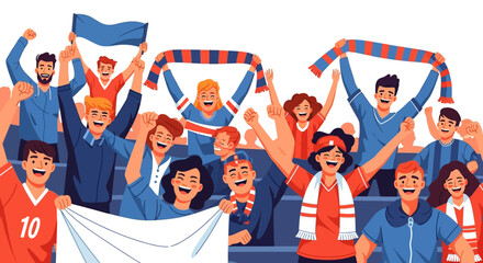 A diverse group of enthusiastic sports fans cheering and waving scarves and banners at a stadium event. © NanzZ