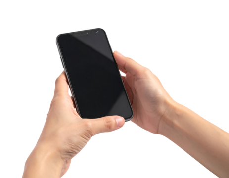 Person holding a modern smartphone with a black screen against a dark background
