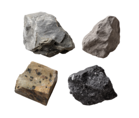 Four diverse rock specimens, displaying varying shades of gray, brown, and black.  Each rock exhibits unique textures and patterns.  Close-up view, isolated against a dark background