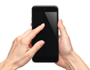 Close up of hands holding and touching a black smartphone screen against a black background
