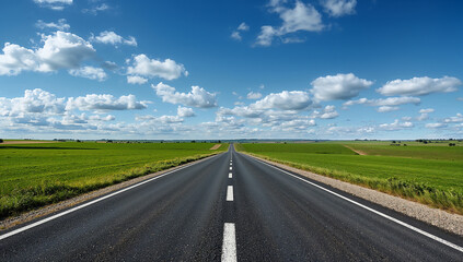 Fototapeta premium Expansive Open Road Under Bright Blue Sky with Clouds