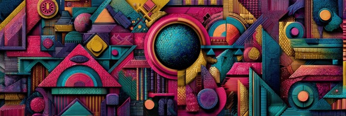 Dynamic composition showcases a blend of geometric shapes and textures in bold colors, creating an immersive and visually striking experience for viewers.