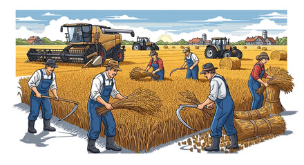 An illustration depicting the evolution of farming, with farmers using scythes alongside modern combine harvesters in a wheat field. © NanzZ