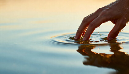 Close-up shot of a hand's fingertips touching a calm water surface at sunset, causing ripples and circles in the water, symbolizing purity and nature.