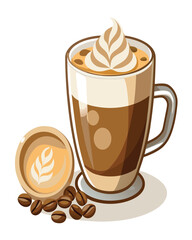 Delicious Nut Milk Latte Art in a Glass with Coffee Beans and a Small Cup A Delightful Coffee Experience, Perfect for Cafes and Coffee Lovers, Illustrated in Vector Art