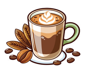 Delicious Coffee Art Illustration A Warm and Inviting Vector Design Featuring a Latte with Exquisite Foam Art, Coffee Beans, and Leaves, Perfect for Cafe Branding and Beverage-Themed Projects