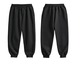 Front and back view of a pair of plain black sweatpants.  Drawstring waist, relaxed fit, and ribbed cuffs