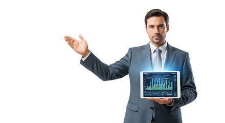 Businessman presenting financial data on a tablet, isolated on transparent background