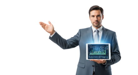 Businessman presenting financial data on a tablet, isolated on transparent background