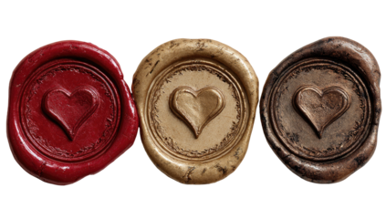 Three wax seals, each with a heart design, in varying shades of red, gold, and brown