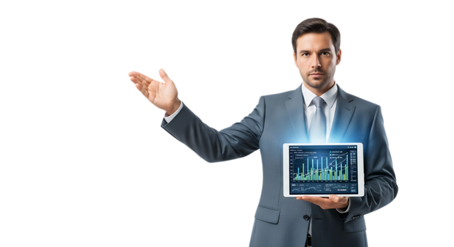 Businessman presenting financial data on a tablet, isolated on transparent background