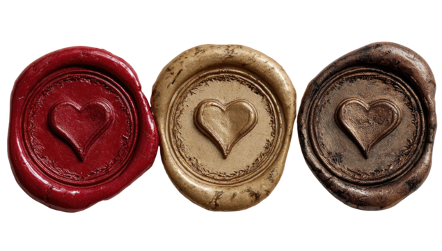 Three wax seals, each with a heart design, in varying shades of red, gold, and brown