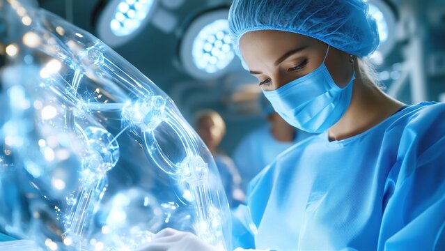 Female surgeon wearing surgical mask, cap and gown using innovative technology performing surgery in operating room with medical team in background