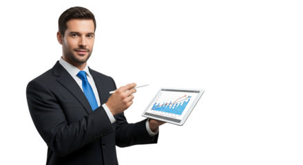 Businessman pointing at a tablet with a financial graph isolated on transparent background