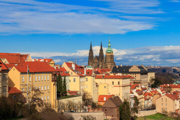 Obraz premium Beautiful landscape of the old town and the Hradcany (Prague Castle) with St. Vitus Cathedral in Prague, Czech Republic