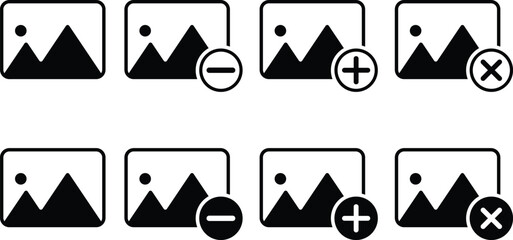 gallery edit icon set.  add image, delete photo and gallery photos icons collection