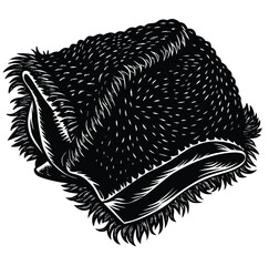 A detailed black and white woodcut illustration of a folded, insulated fur trapper hat, designed for extreme cold weather protection and warmth