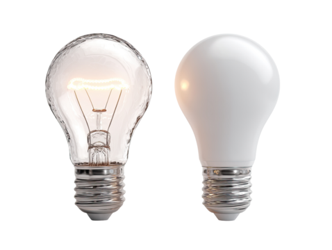 Two light bulbs, one incandescent, one LED, side-by-side.  The incandescent bulb glows warmly. The LED bulb is white.  Both are isolated against a black background