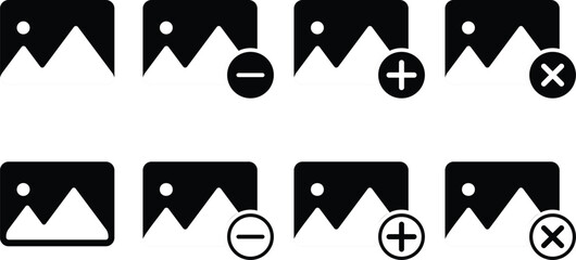 gallery edit icon set.  add image, delete photo and gallery photos icons collection