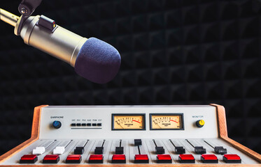 Professional microphone and sound mixer in radio studio