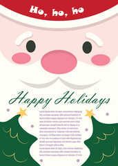 Cute Santa Claus Christmas Greeting Card with Holiday Trees and “Happy Holidays” Text