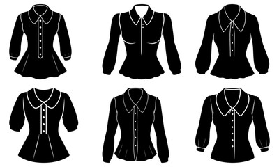 Naklejka premium Collection of six black and white shirt designs with varying collar and sleeve styles shown in silhouette