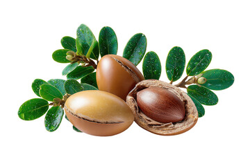Close-up of two whole and one halved argan fruits, nestled amongst vibrant green leaves