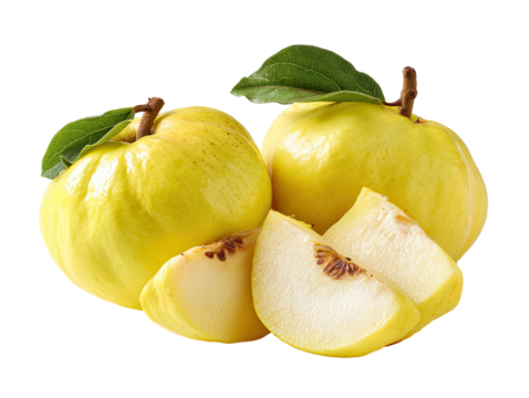 Two whole and sliced, pale yellow quinces, with leaves