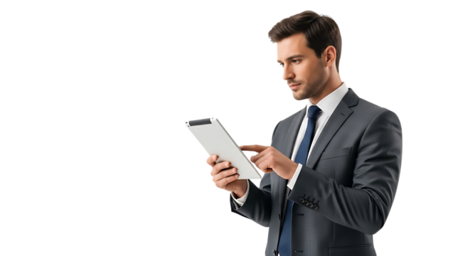 Man in suit using tablet isolated on transparent background