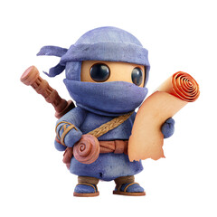 Cartoon Ninja Reads Scroll Illustration with Character, Isolated, and 3D Render.