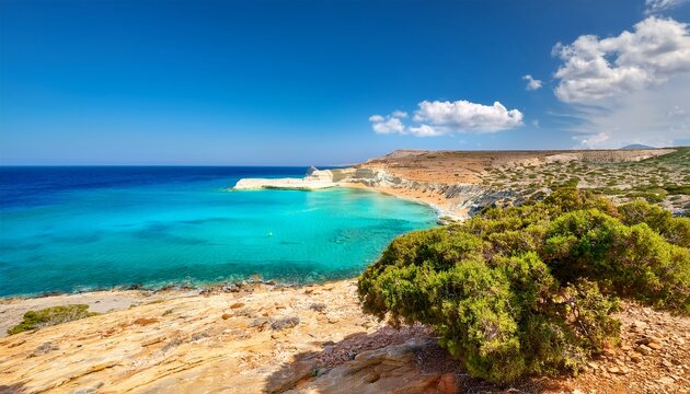 gavdos island greece juniper mediterranean shrub on the rocky coast and turquoise waves sunny summer day