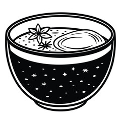 Black and white line art illustration of a bowl of golden milk with star anise, a single egg, and speckled design inside, perfect for culinary and health-related graphics