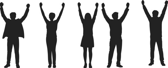 Group of diverse people celebrating with raised arms, unity and success concept, silhouette illustration of joyful team, achievement, flat vector