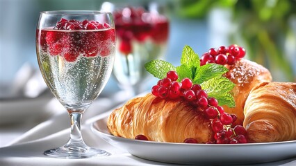 Sparkling celebration cocktail with fresh redcurrants and mint leaves next to golden croissants on a white plate, enjoying a festive breakfast