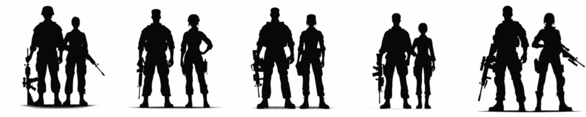 silhouette male and female army soldiers standing 
