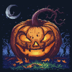 Pixel Art Halloween Pumpkin Under the Moon &ndash; Glowing Jack-o&rsquo;-Lantern in Spooky Forest Night Scene. Perfect for Halloween designs, retro pixel games, digital art, and seasonal decorations.