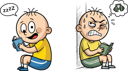 Cartoon child reading flat vector, emotional study contrast, stressed student, relaxed kid, financial pressure, sleep reaction, education illustration
