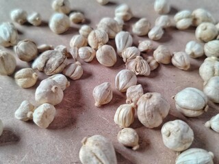 piles of white cardamom scattered over a light brown surface 